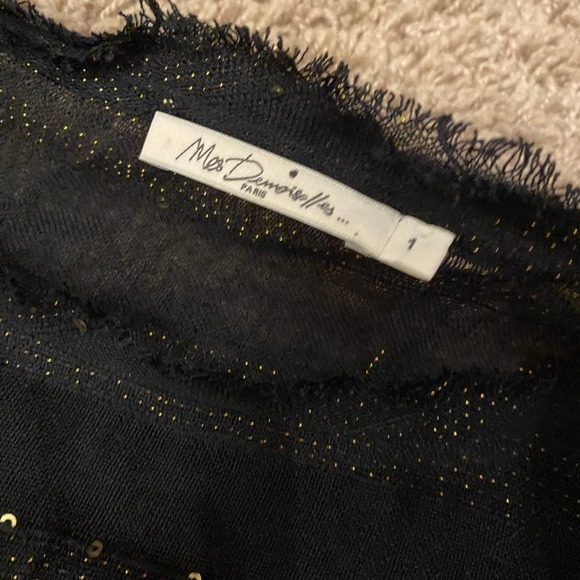 Mes Demoiselles black Sequin Sheer Striped Blouse Top Long Sleeve Crew Neck XL - Picture 6 of 7